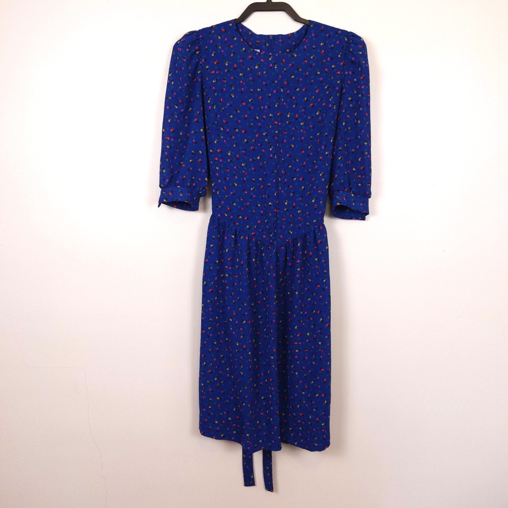 Vintage Blue Confetti Print Midi Dress Women Size 6 Puffed Sleeve Retro Twee